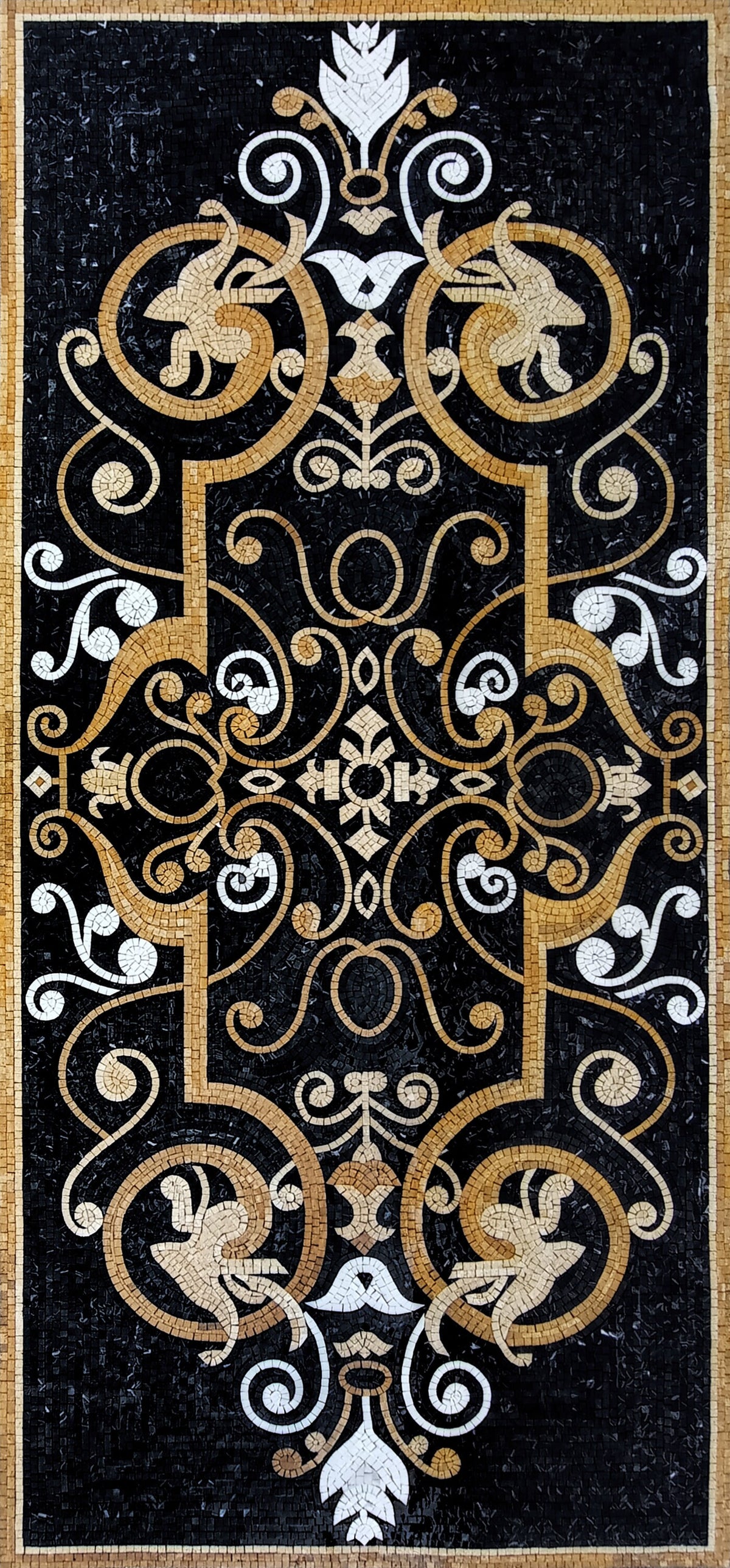Handmade Black Marble Mosaic Rug: Floral Art Decor (80” x 36")