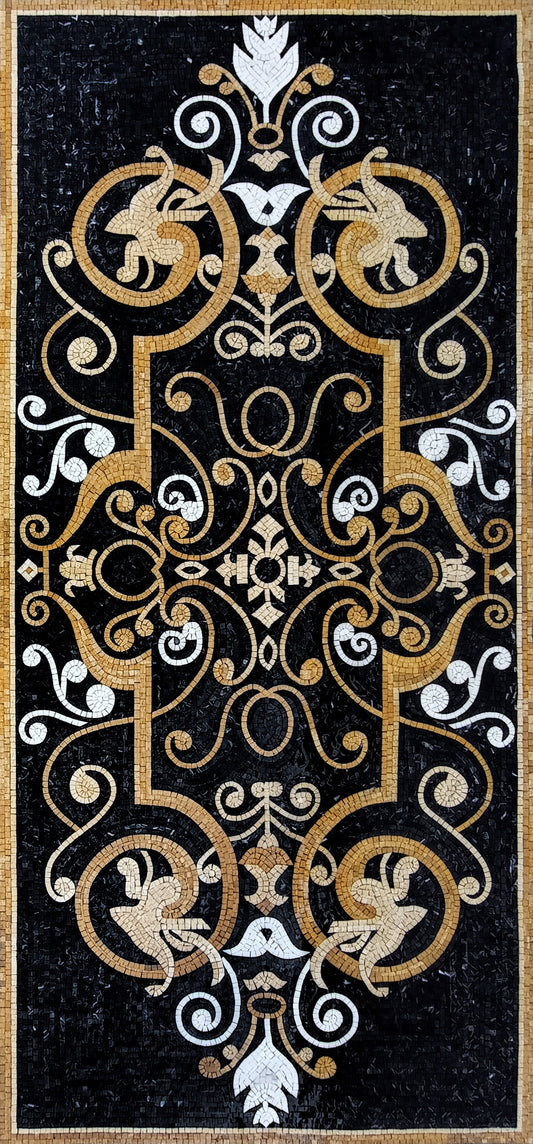 Handmade Black Marble Mosaic Rug: Floral Art Decor (80” x 36")