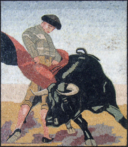 Handmade Bullfight Mosaic Tile Art: Marble Stone Backsplash