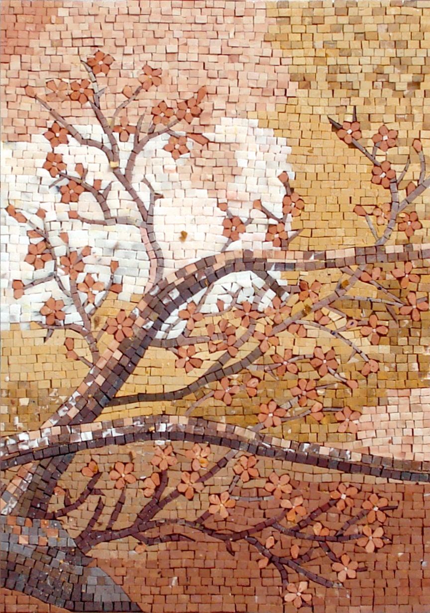 Handmade Autumn Tree Mosaic Mural: Stone & Marble Wall Art (60” x 32”)
