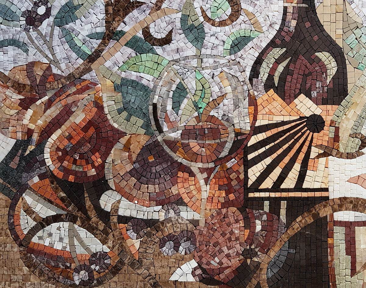 36" x 26" Tuscan Wine Still-Life Mosaic Kitchen Backsplash – Handmade Marble Art - Customization Available