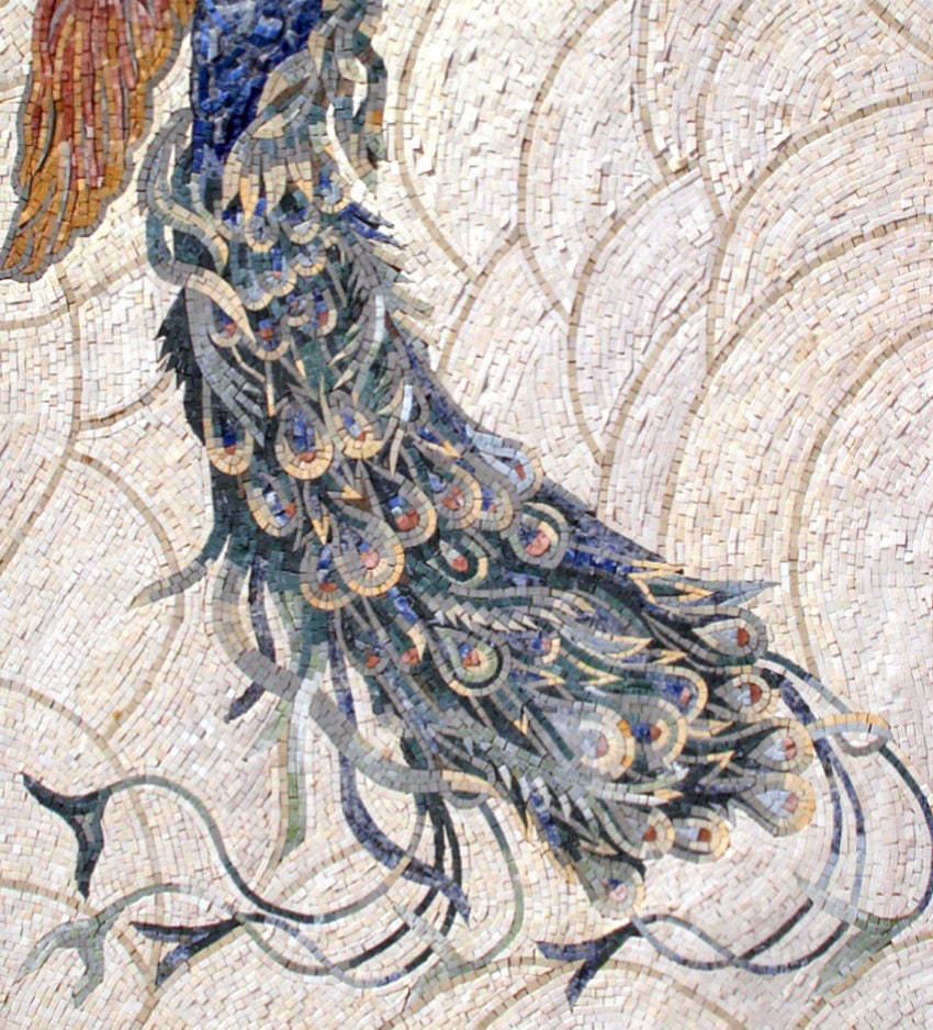 Handmade Peacock Mosaic Mural: Marble Stone Wall Art (40” x 24")