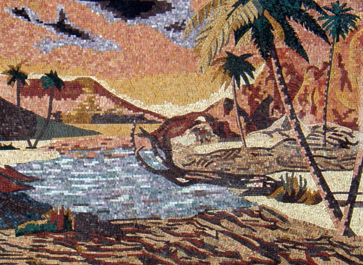 Handmade Palm Tree Mosaic Tile Art: Desert Lake Landscape