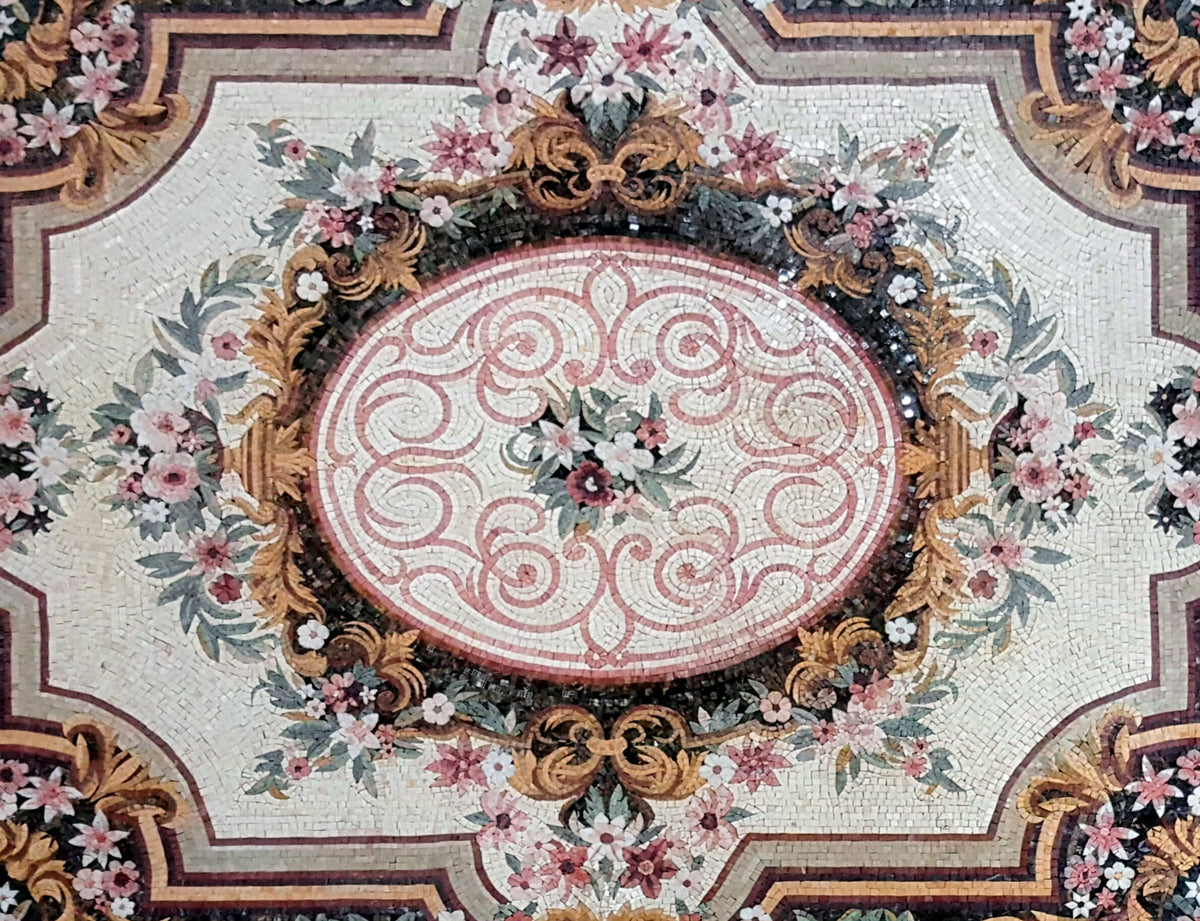 Large Floral Marble Mosaic Rug: Handmade Stone Carpet (104” x 80")