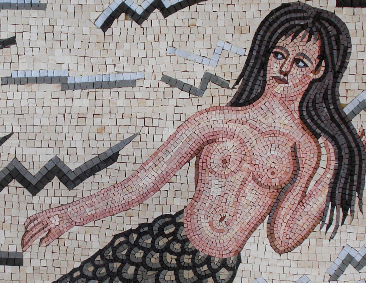 Handmade Mermaid Mosaic Tile Art: Stone Backsplash (32” x 24”)