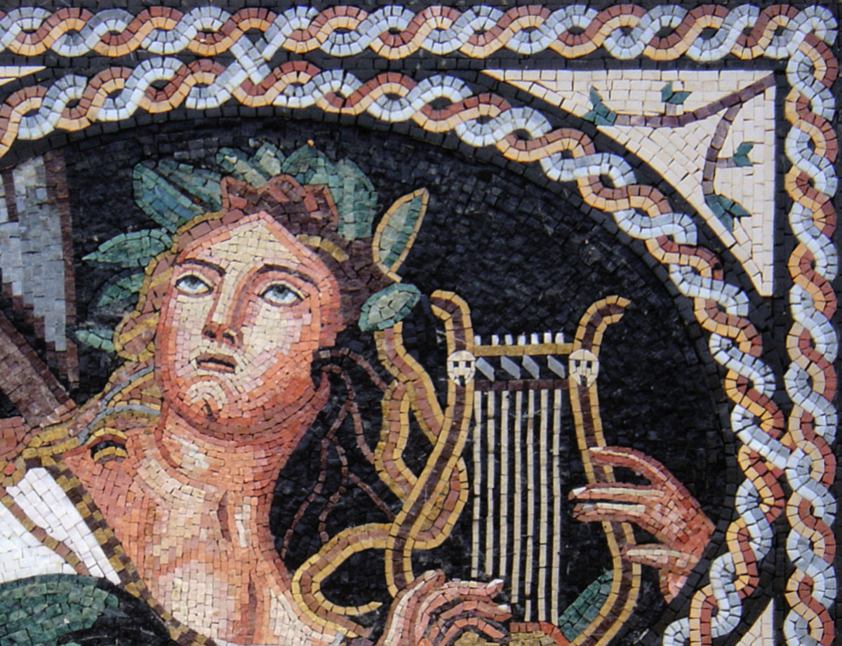 Handmade Greek Mosaic Mural: Young Woman Playing Lyre, Marble Stone Art