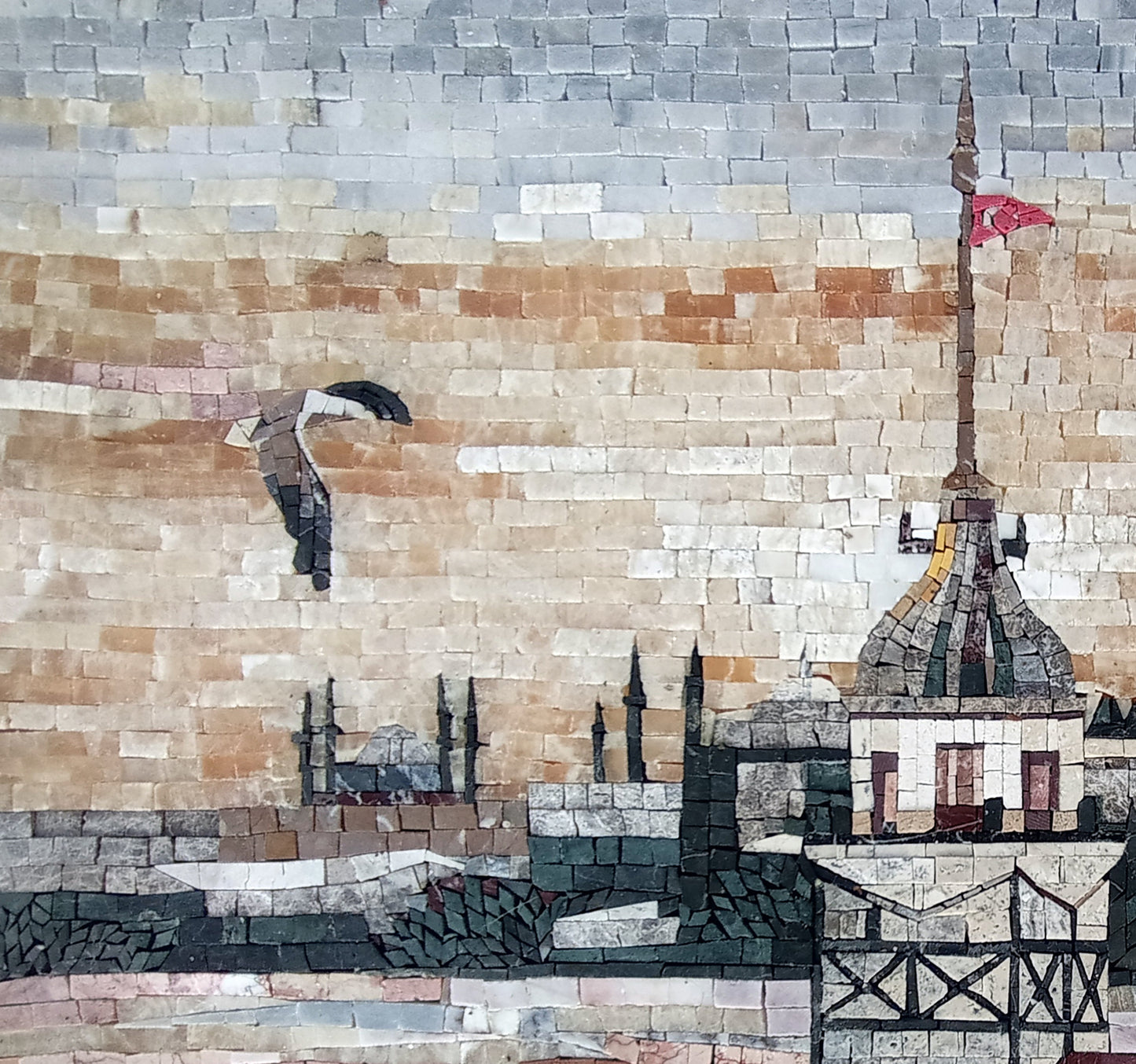 Handmade Turkish Mosaic Tile Art: Mosque & Birds Scenery (32” x 24”)