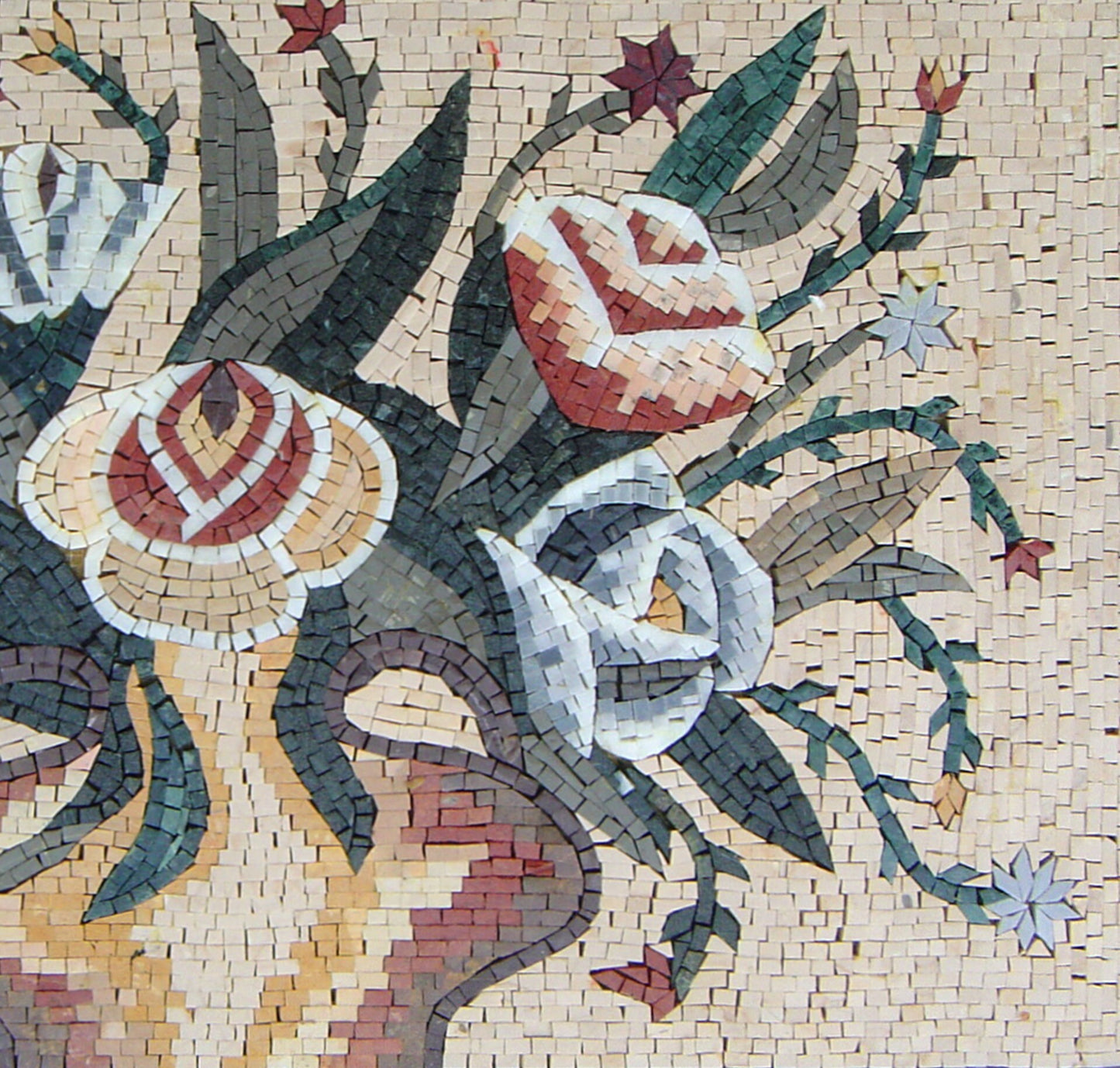 Handmade Marble Mosaic Tile Art: Colorful Flowers in Vase