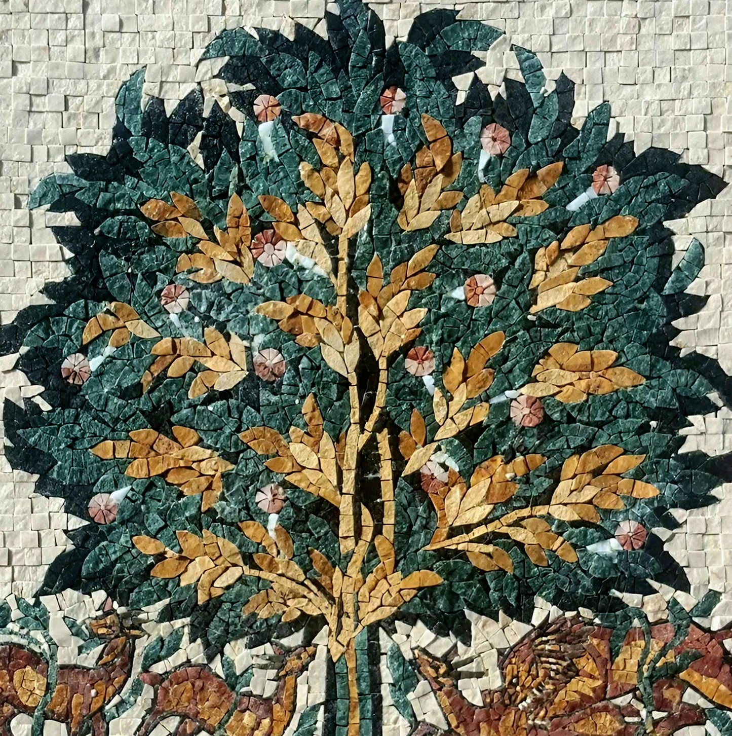 Tree of Life Marble Mosaic Art: Lion & Deer Mural (20" x 20")