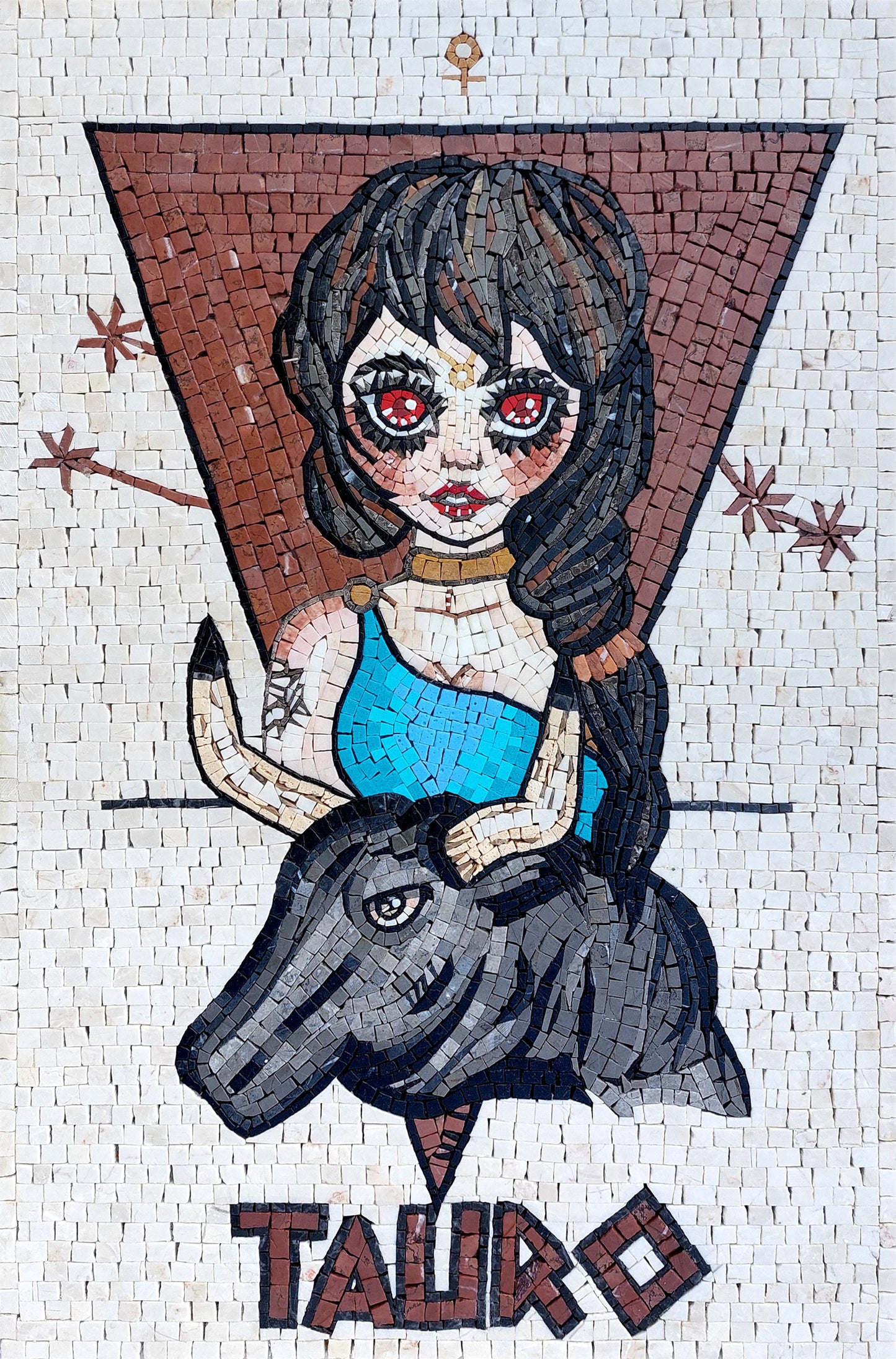 Handmade Taurus Zodiac Mosaic Tile: Red Eyes Girl Art (30x20)