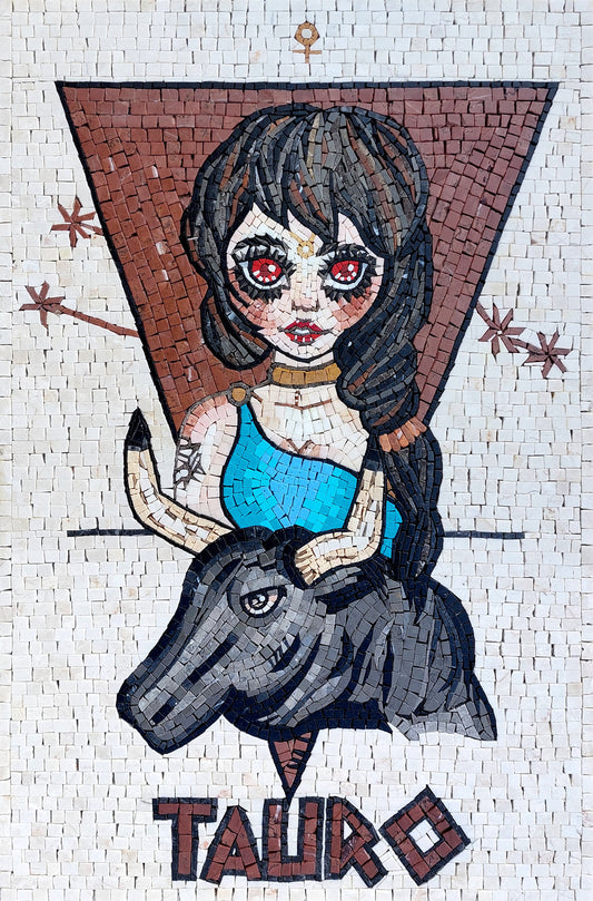 Handmade Taurus Zodiac Mosaic Tile: Red Eyes Girl Art (30x20)