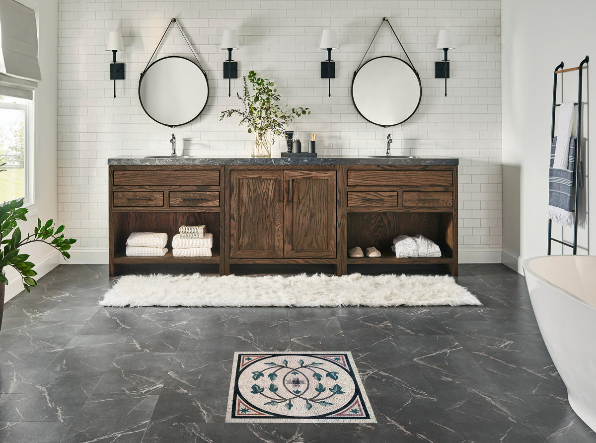 32” Handmade Marble Mosaic Tile: Geometric Botanical Medallion