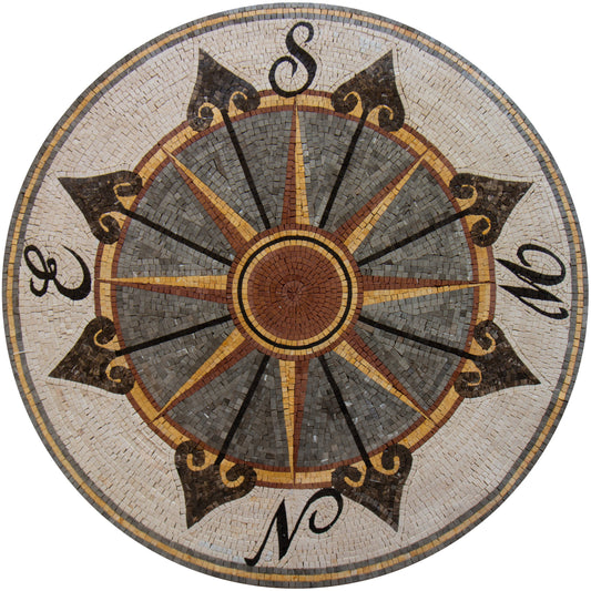 Nautical Compass Mosaic Tile: Handmade Marble Medallion (32" Diameter)