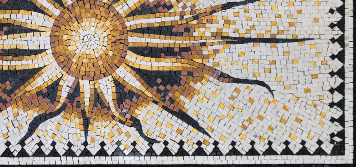 Flaming Sun Marble Mosaic Rug: Handmade Celestial Tile Art