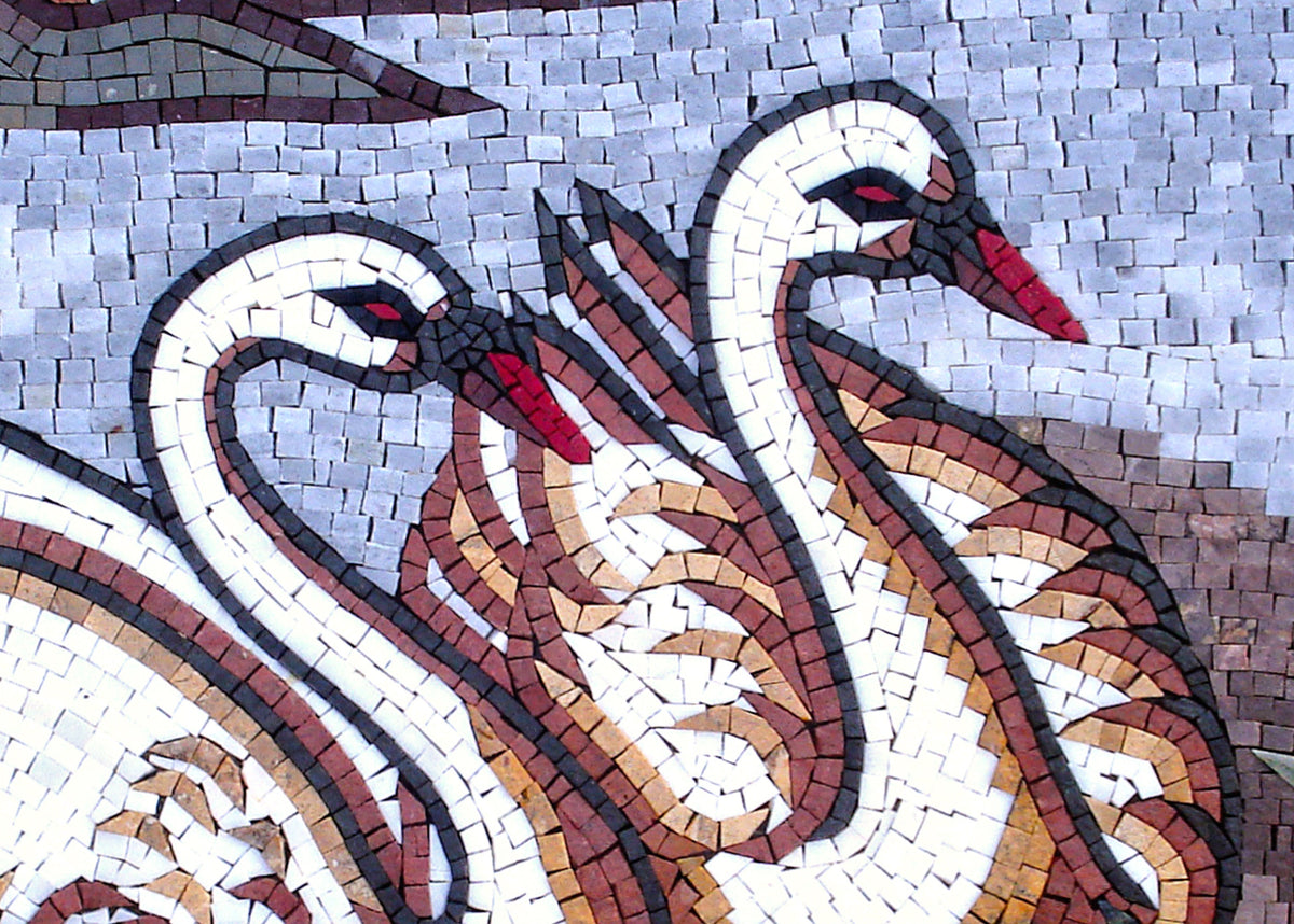 Handmade Swans Mosaic Tile Art: Serene Pond Scene Wall Decor