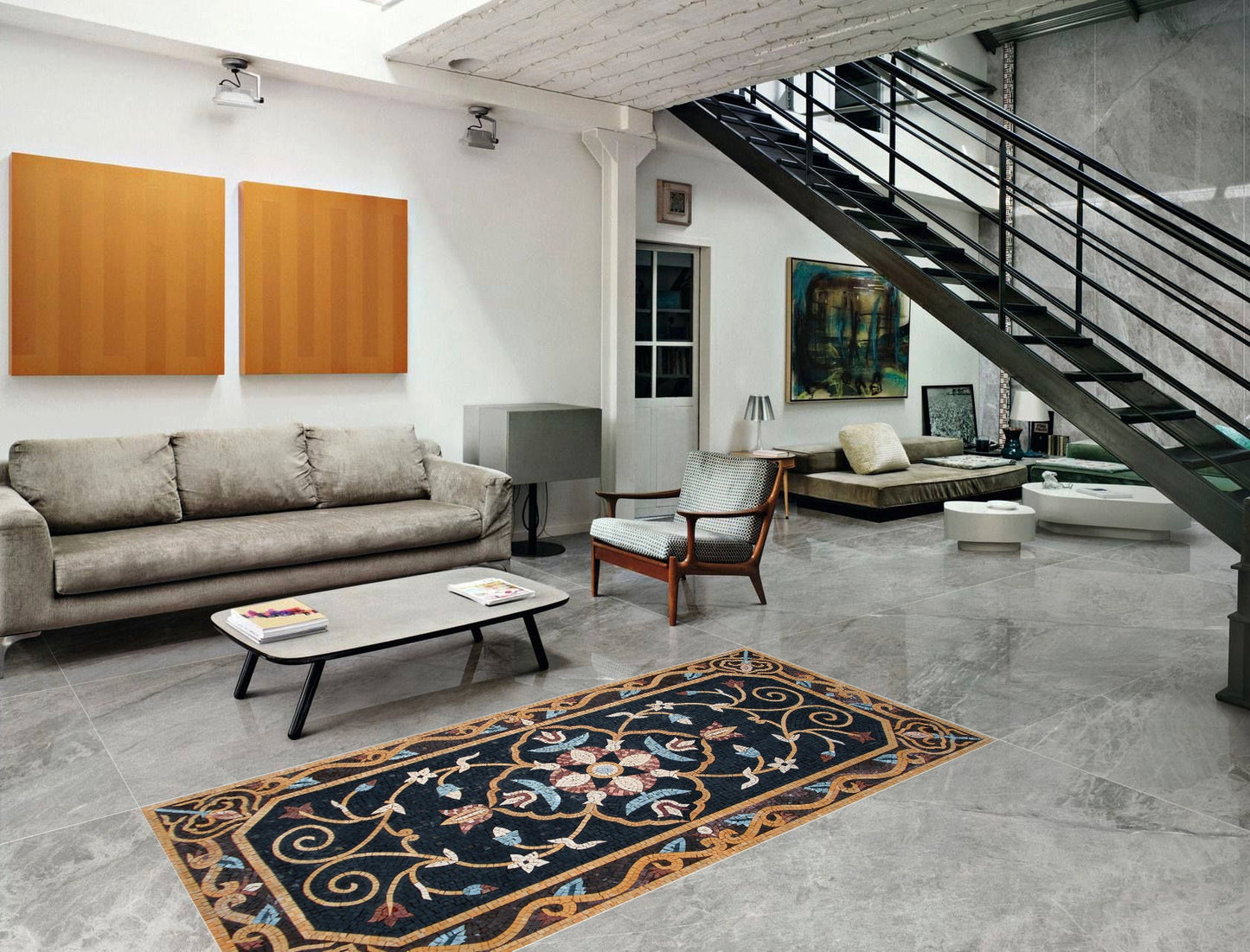 Floral Mosaic Rug: Handmade Stone Art, Home Decor (60” x 36”)