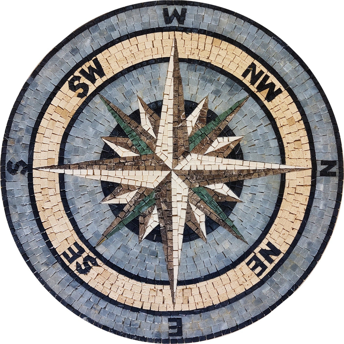 Handmade Compass Mosaic Tile: Nautical Marble Medallion (34" Diameter)