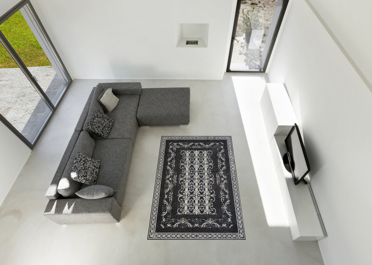 Handmade Marble Mosaic Rug: Black and White Floral Carpet (80” x 54")