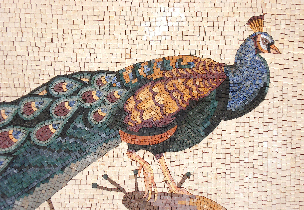 Handmade Peacock Mosaic Tile Art: Stone Backsplash (52” x 36")
