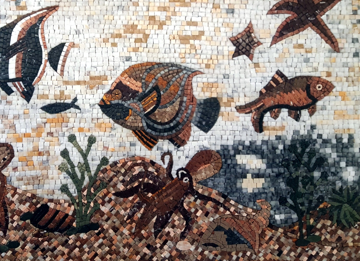 Handmade Coral Fish Mosaic Tile: Marine Life Backsplash (50” x 36")