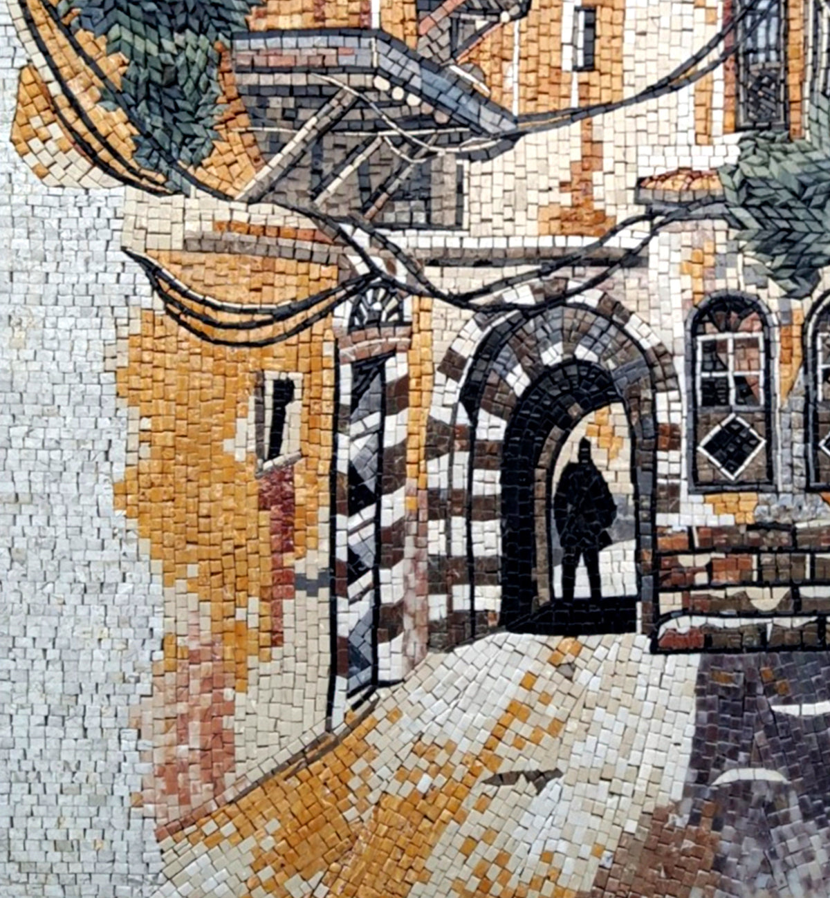 Handmade Damascus Mosaic Tile Art: Old City View, Marble & Stone