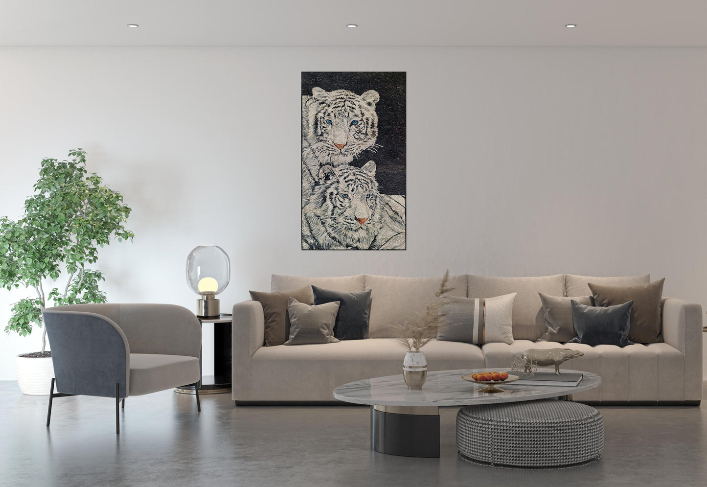 Handmade White Tiger Mosaic Tile Art: Interior Wall Decor
