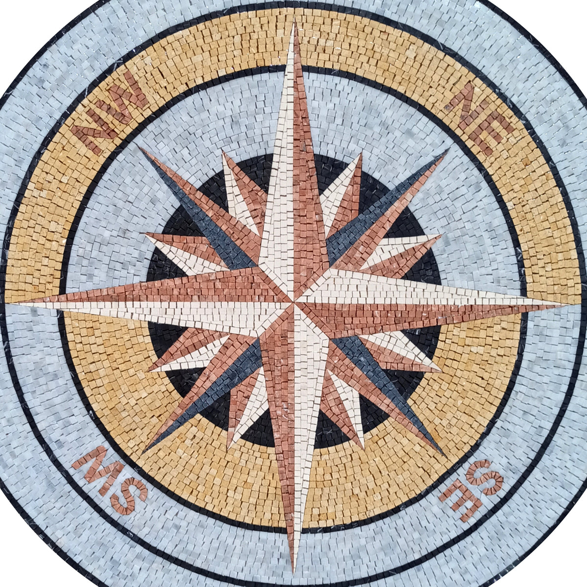 Handmade Compass Mosaic Medallion: Gold & Rose Marble Art