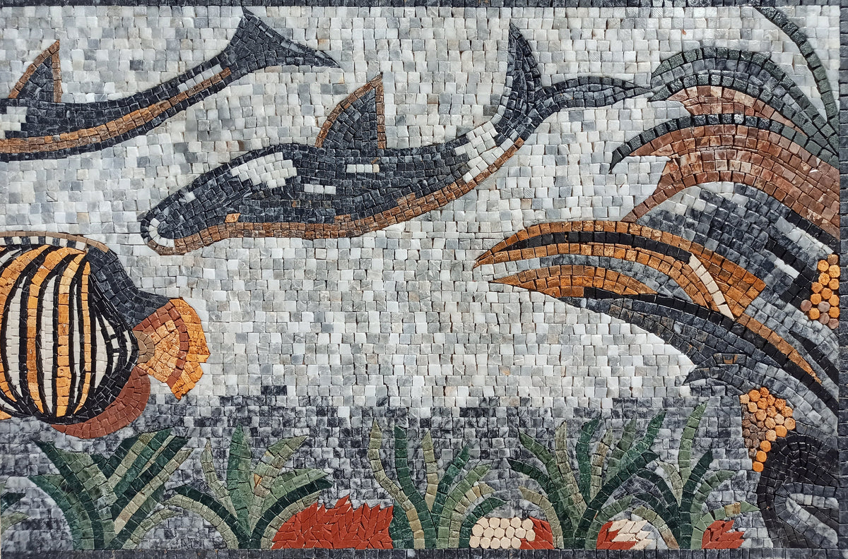 Handmade Marble Mosaic Tile: Sea Life Mural (92” x 22")