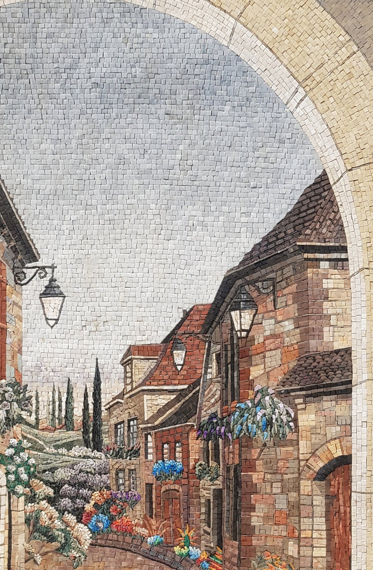 Handmade Marble Mosaic Mural: Botanical European Village Scene