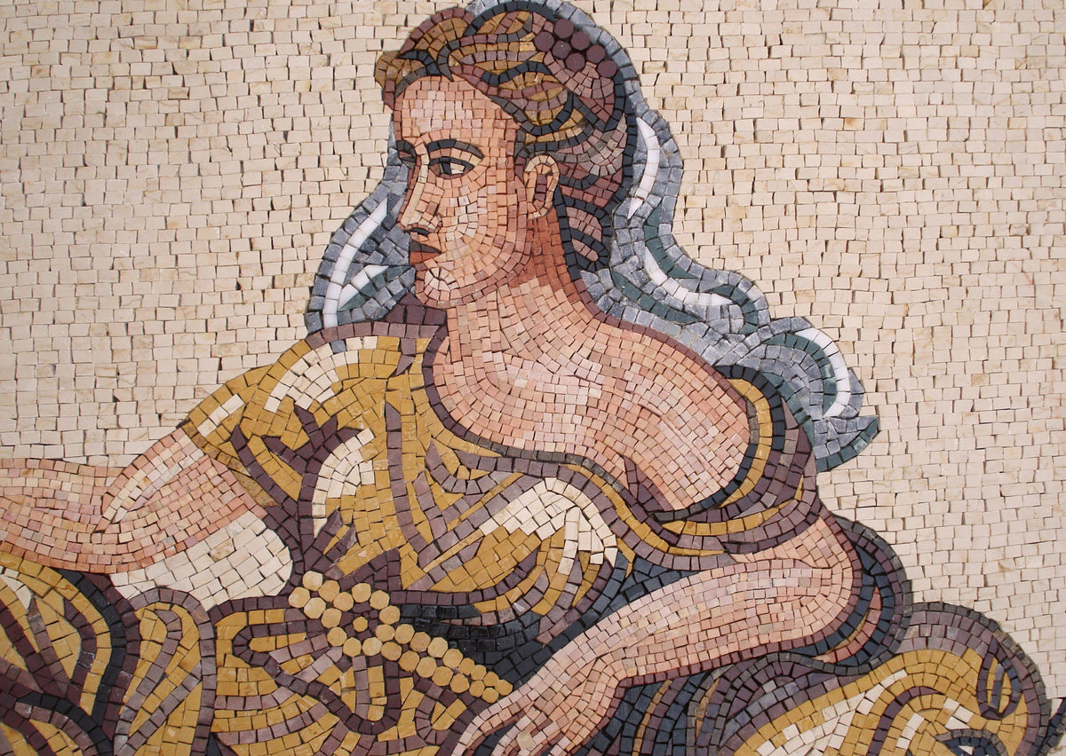 Cupid and Venus Mosaic Tile Mural: Handmade Marble Art