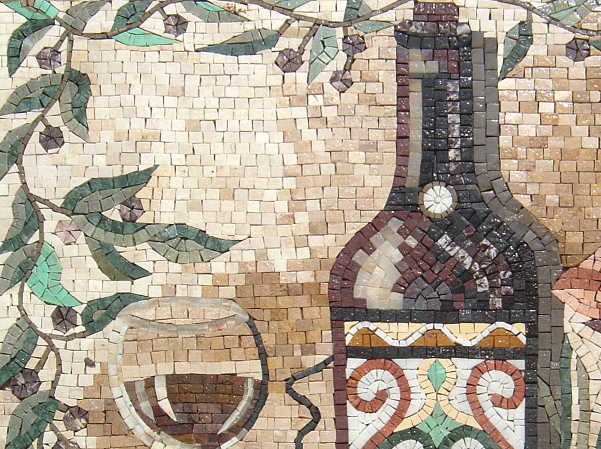 Handmade Marble Mosaic Mural: Wine & Fruit Kitchen Wall Art