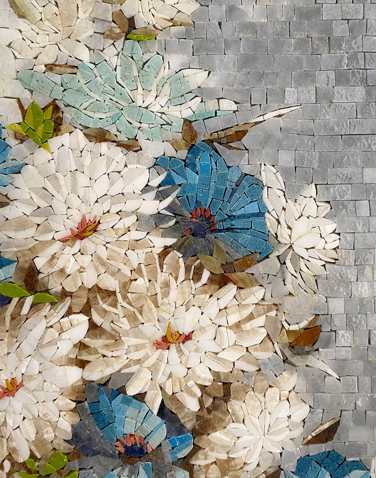 Handmade Floral Mosaic Wall Art: Chrysanthemums & Anemones (30” x 24”)