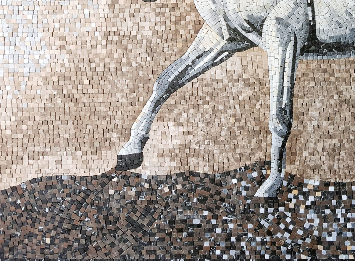 Handmade Marble Mosaic: White Horse Mural for Walls (48” x 36”)