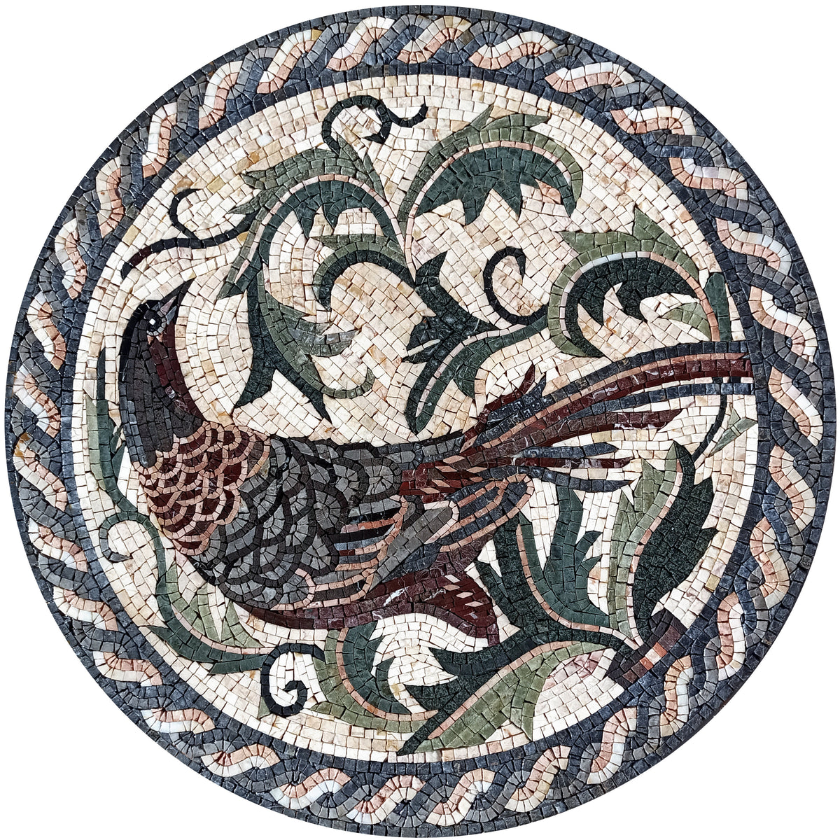 Handmade Marble Mosaic Tile Art: Pheasant & Leaf Medallion (32")