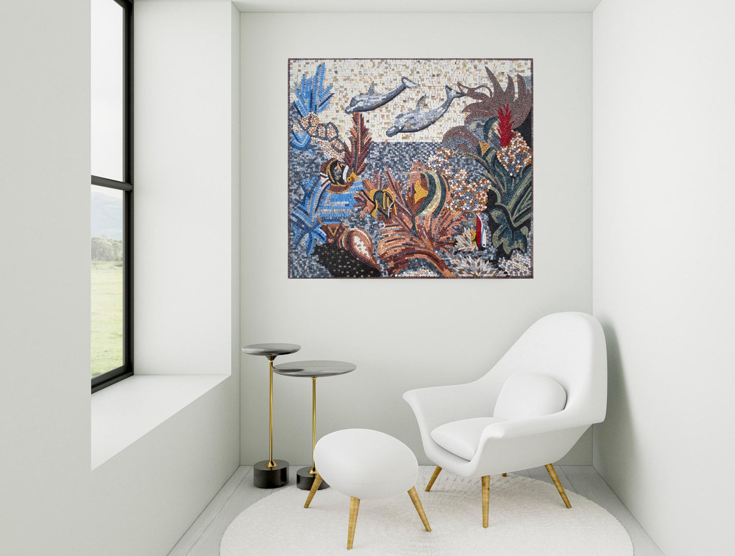 Handmade Dolphin Mosaic Mural: Sea Animal Stone Tile Art