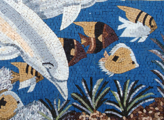 Dolphin Mosaic Backsplash: Handmade Sea Animal Marble Tile Art