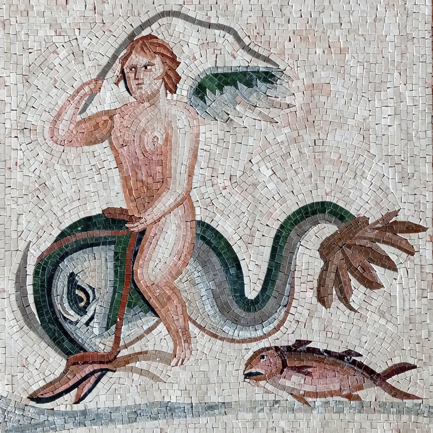 Handmade Eros Mosaic Mural: Greek God on Dolphin, Roman Art Tile (32x32)