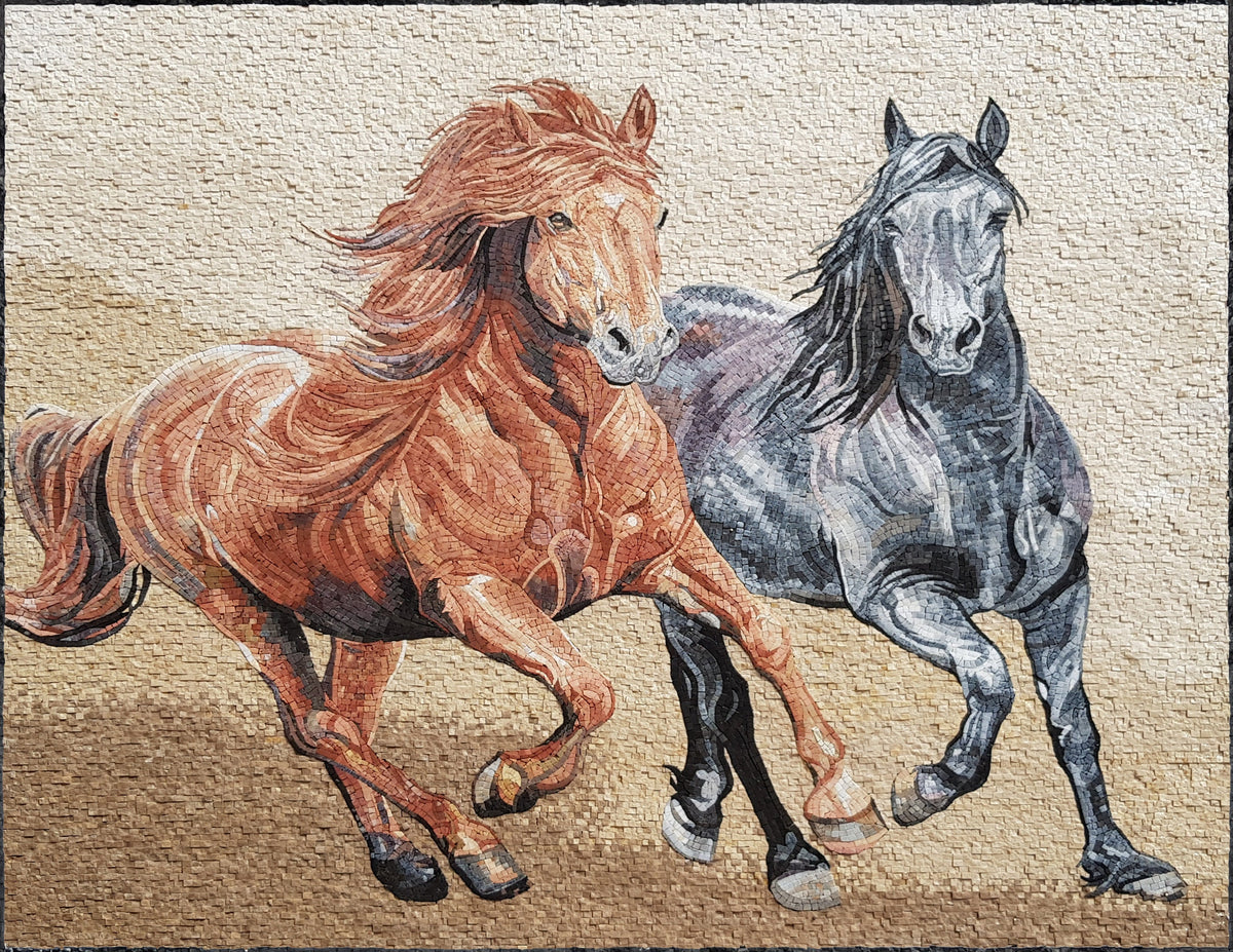 Handmade Horse Mosaic Tile Art: Marble Animal Mural (48” x 56”)