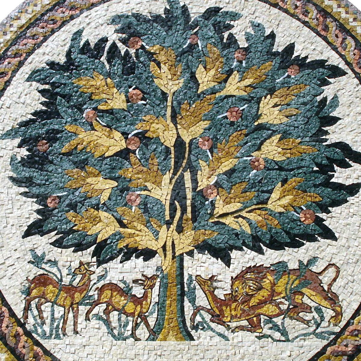 Handmade Tree of Life Marble Mosaic Art: Lion & Deer Backsplash