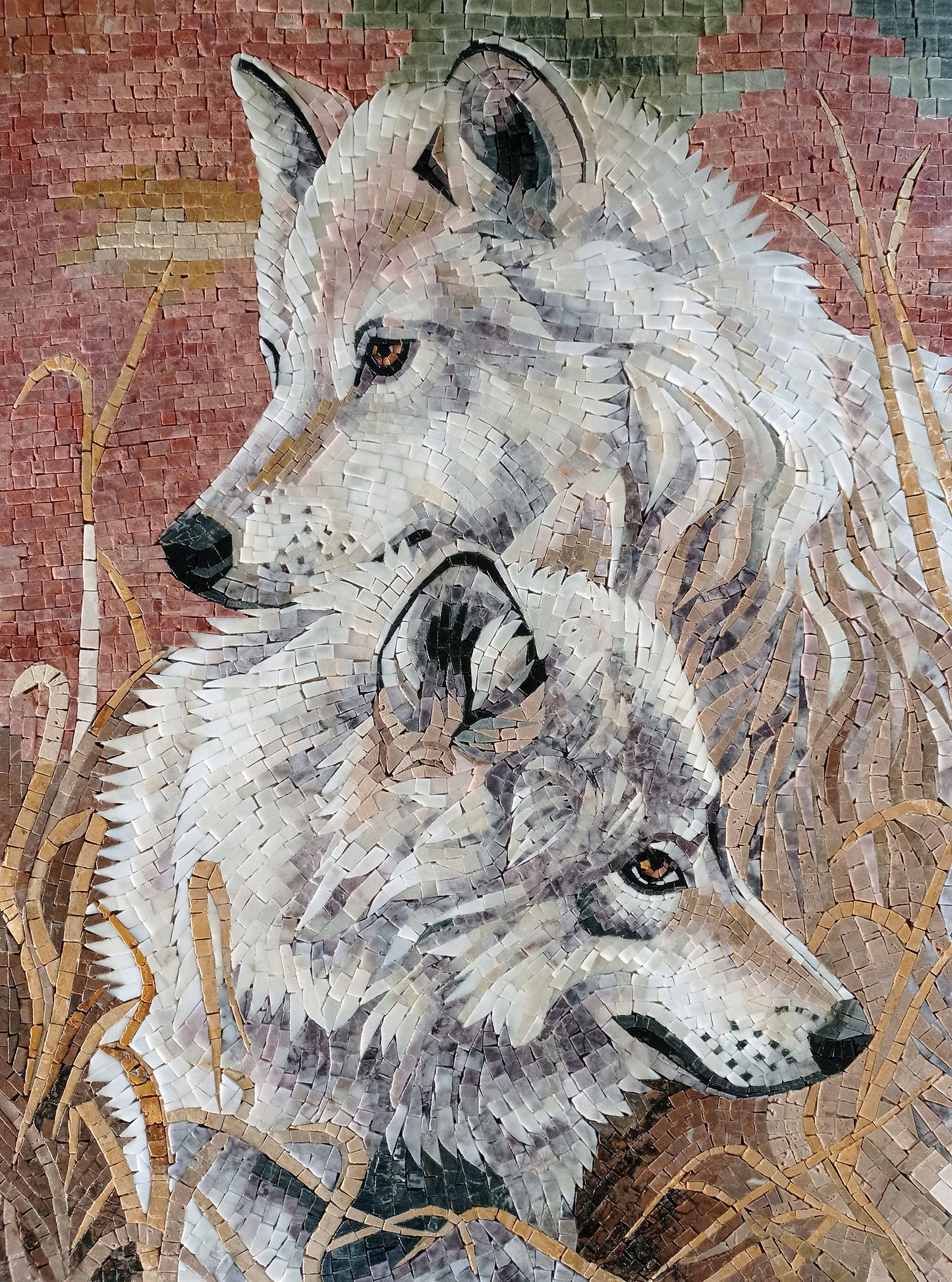SNOWY WOLF MURALS| Wild Animal Mosaic Tiles For Living Room Walls | Two Wolf Artwork Tiles For Interior Hall And Room Walls Decor