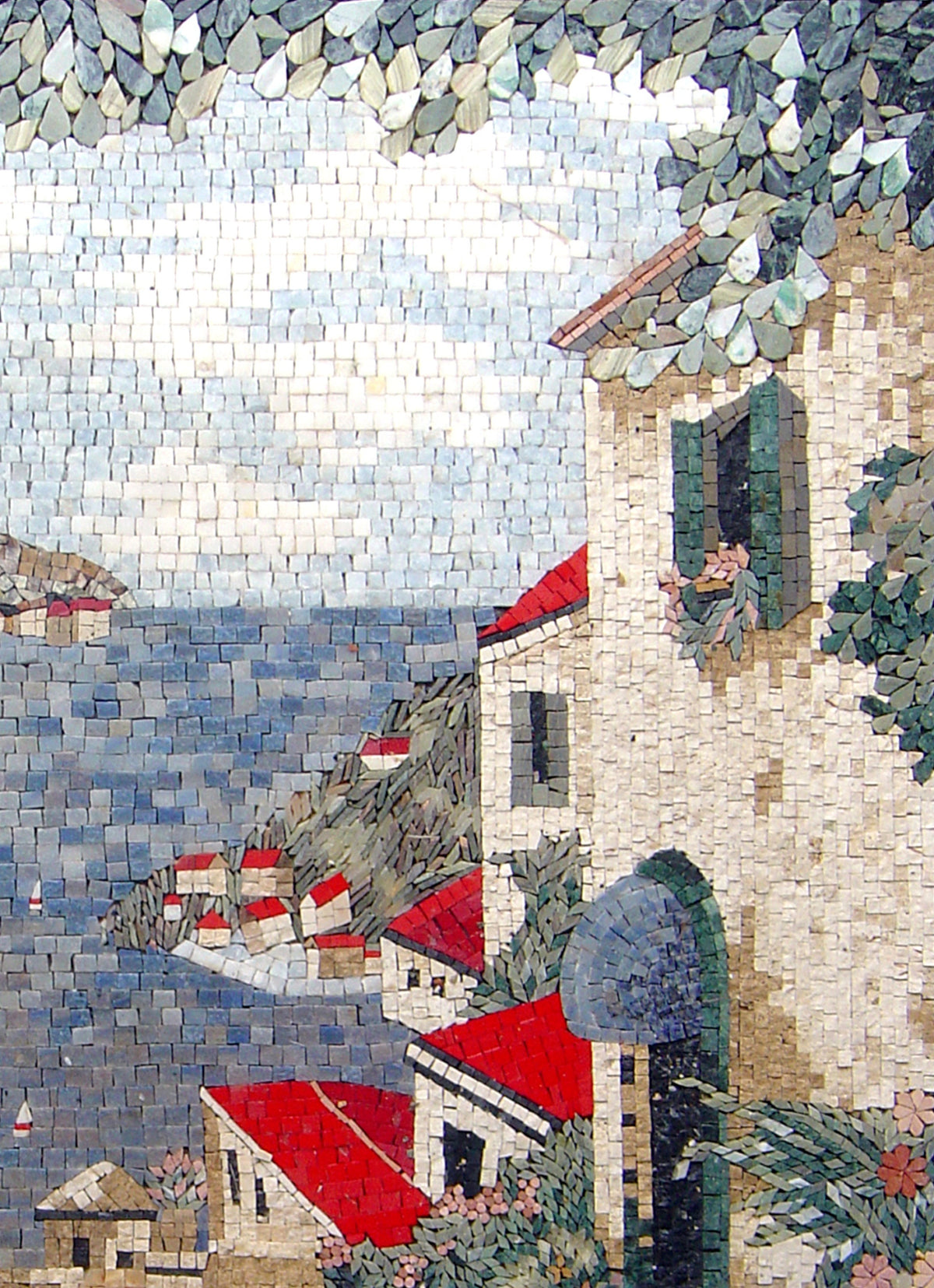 Handmade Coastal Mosaic Tile Art: Beach House Scene (48” x 34”)