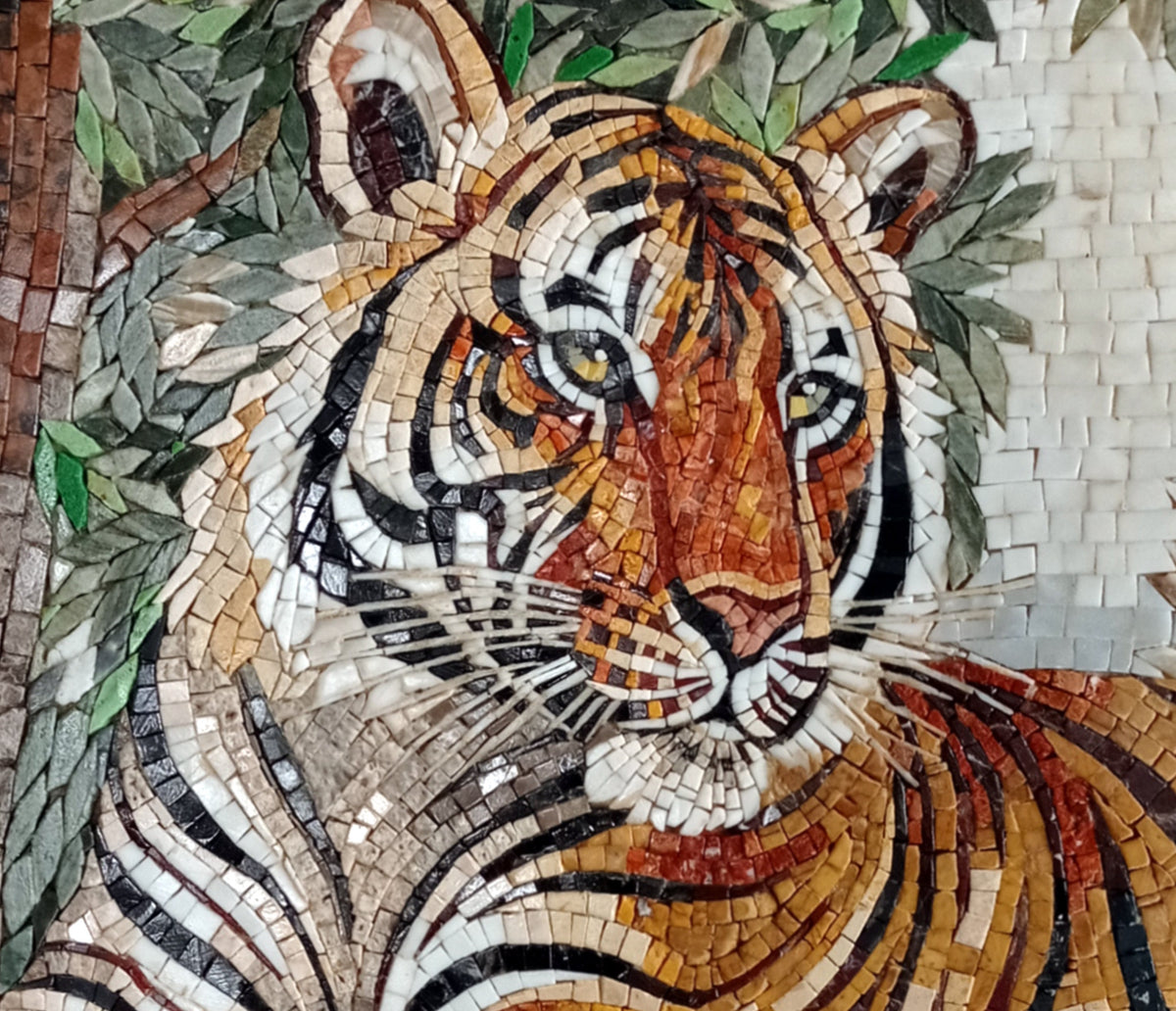 Handmade Tiger Mosaic Tile Art: Jungle Animal Backsplash (36x24 inches)