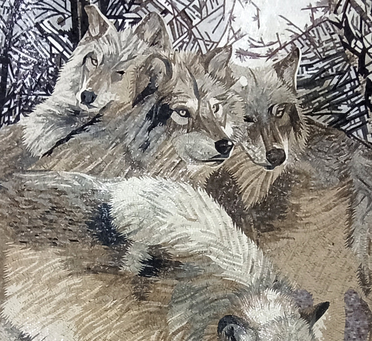 Handmade Snowy Wolf Mosaic Tile Art: Rustic Cabin Decor (80” x 72")