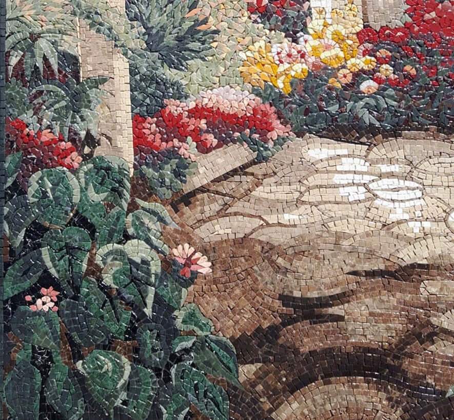 Tuscan Floral Mosaic Mural: Handmade Stone Tile Art (44” x 40")