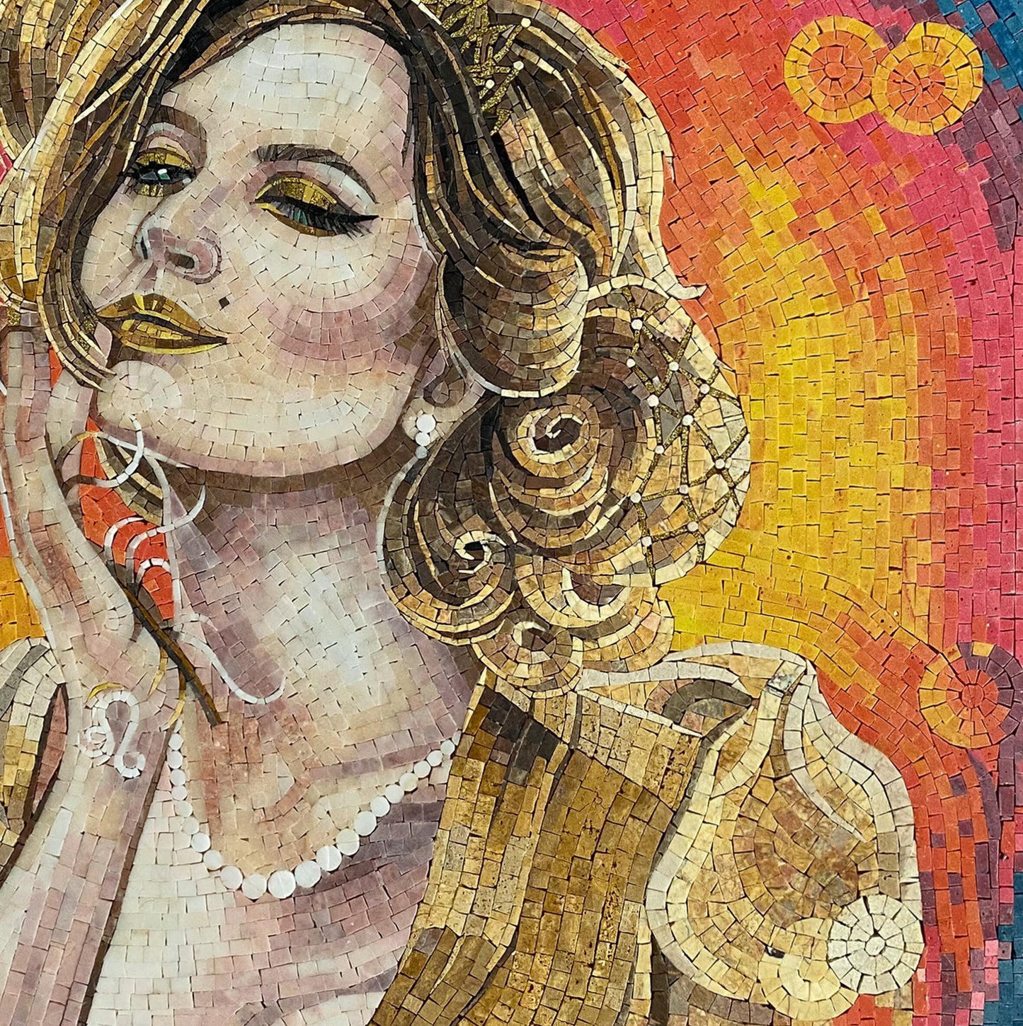 Leo Zodiac Mosaic Tile Art: Woman with Peacock Feather, Handmade
