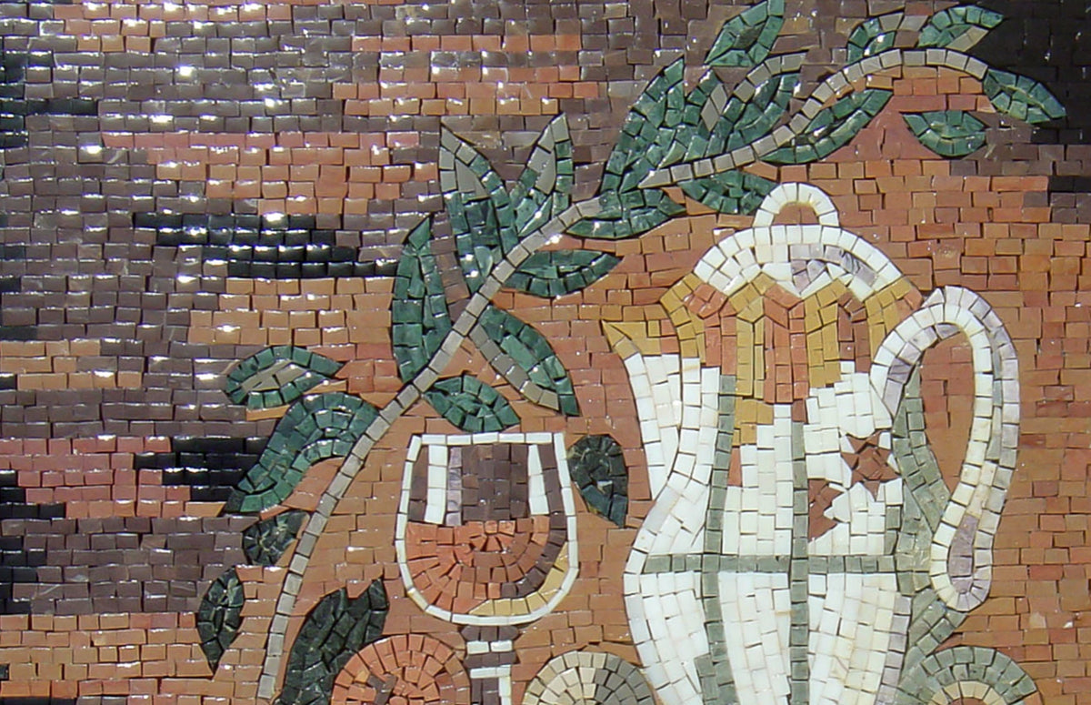 Handmade Still Life Mosaic Tile Art: Champagne Glass & Ceramic Pot