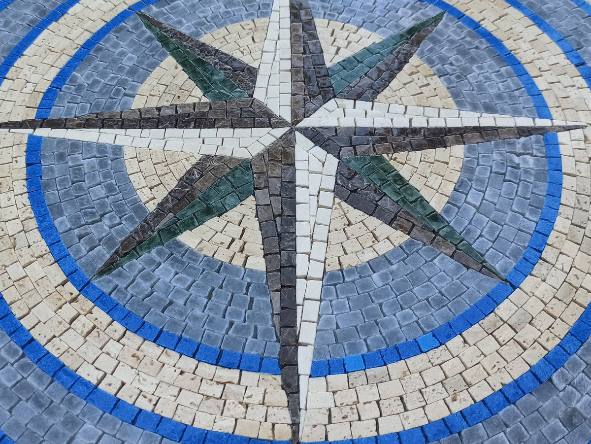 Nautical Compass Mosaic Tile: Blue Wind Rose Medallion (32" Diameter)