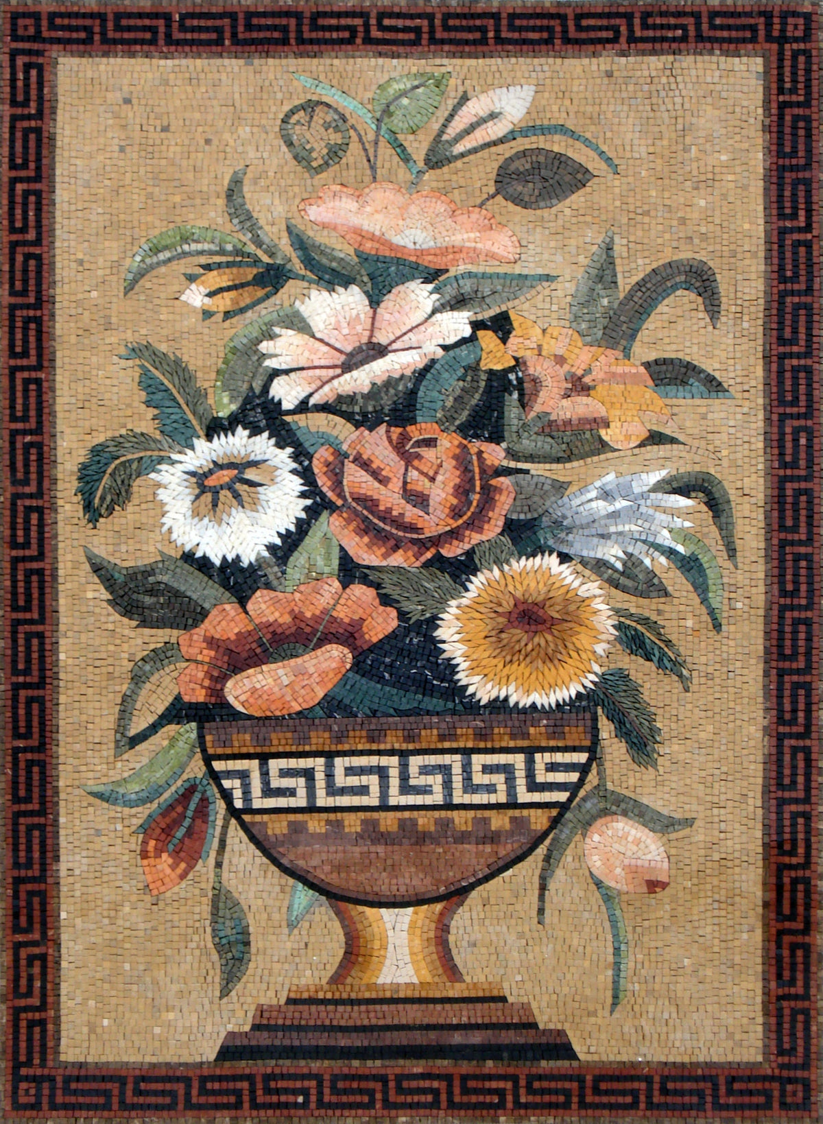 Handmade Marble Mosaic Flower Vase Wall Art: 60” x 40”