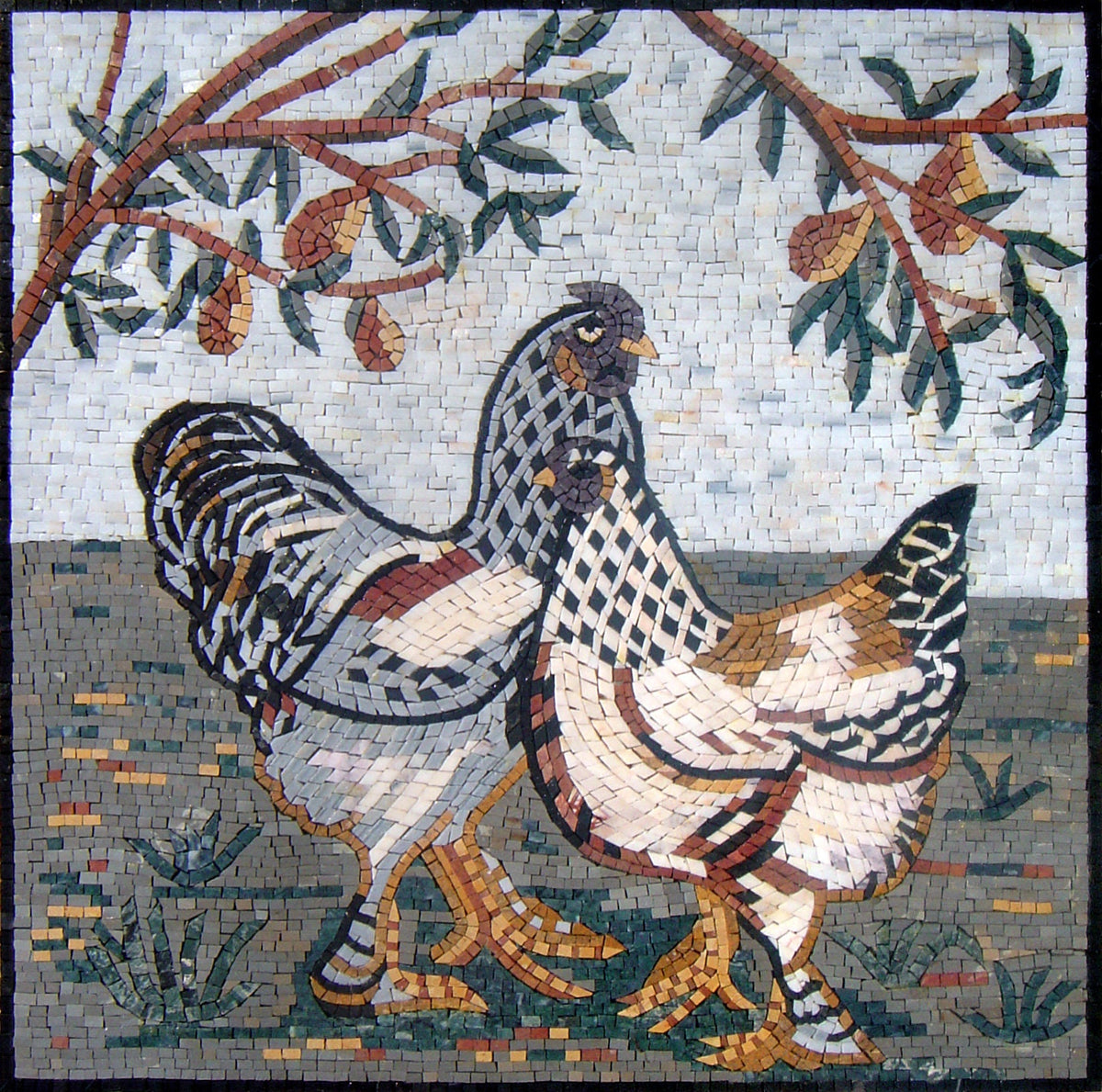 Handmade Rooster and Hen Mosaic Tile Art: Farmhouse Kitchen Decor (28x28)