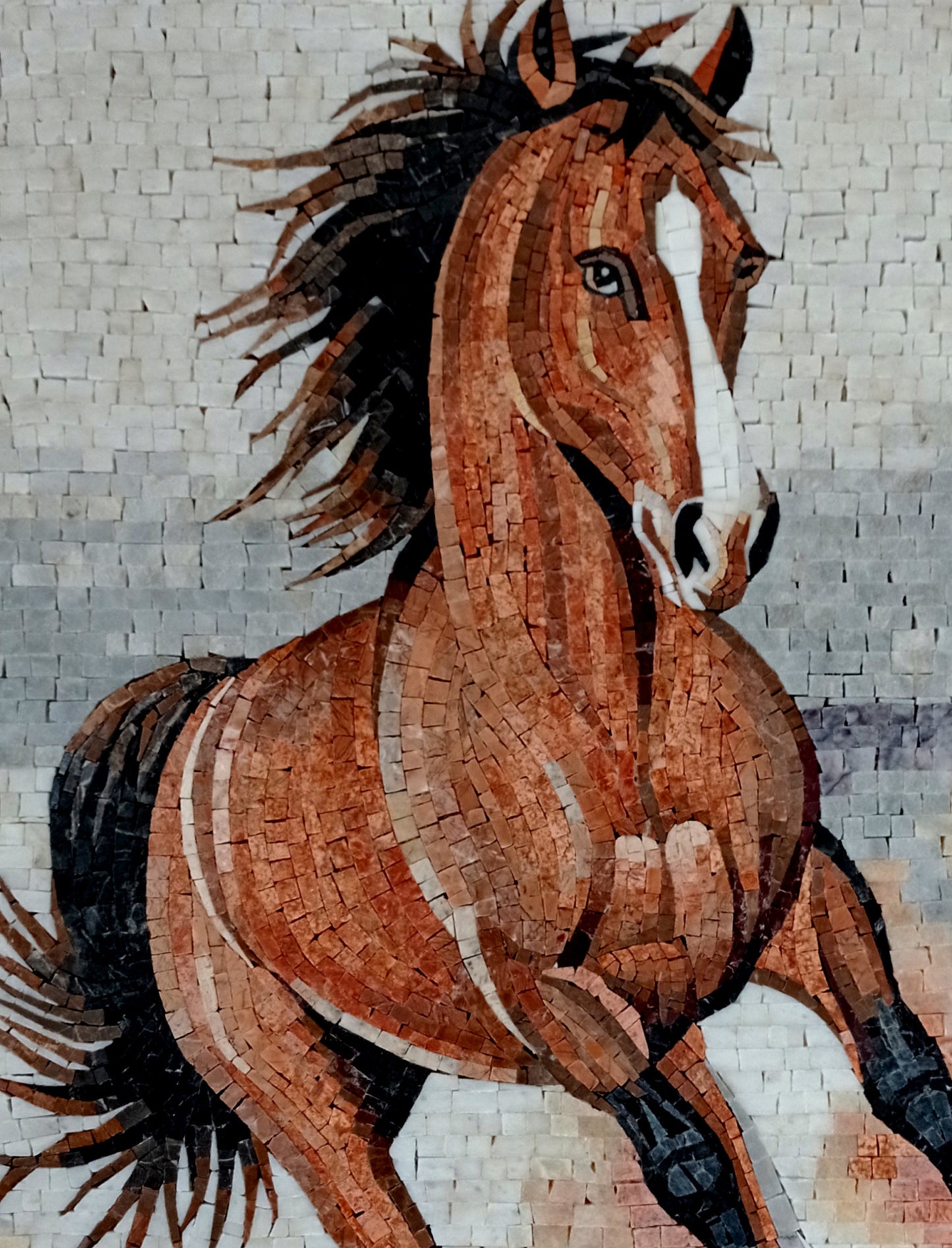 Handmade Horse Mosaic Tile Art: Marble Animal Mural (36" x 28")